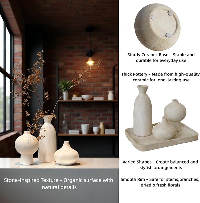 White Ceramic Vase Set of 3, Modern Organic Home Decor | Aged-stone texture - Image 3