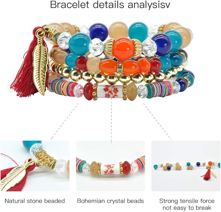Bohemian Bracelet Sets for Women - 6 Sets Stackable Stretch Bracelets Multi-color Boho Jewelry for Women Hippie Bracelets Dainty Jewelry