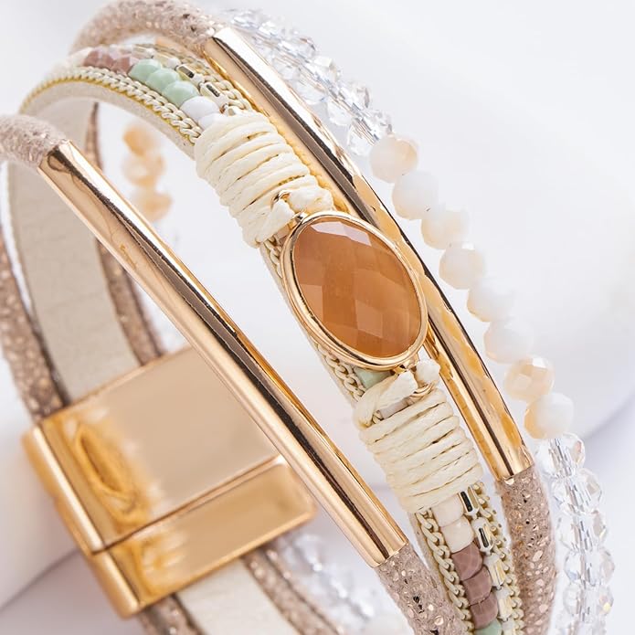 FANCY SHINY Leather Wrap Bracelets Crystal Beads Bracelet Boho Cuff Stone Charm Bracelets with Clasp Costume Jewelry for Women