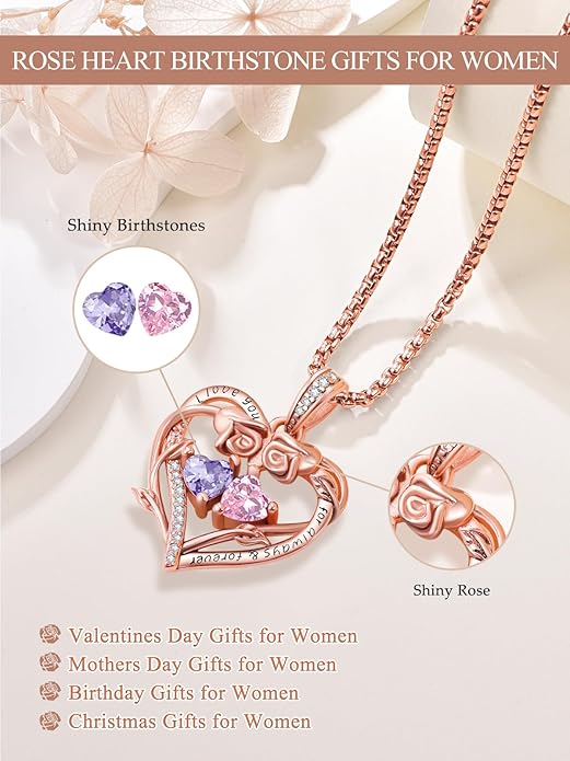 Rose Heart Necklaces for Women, Rose Gold Forever Love Jewelry with 2 Birthstones Pendant,Valentines Anniversarry Birthday Gifts for Her Wife Mom Grandma Daughter, 18+2 Inch Chain