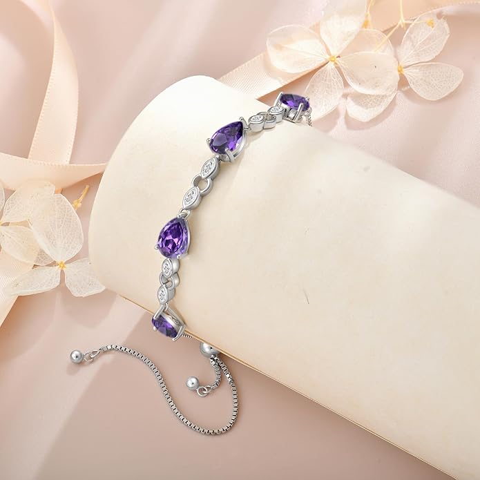 Teardrop Birthstone Bracelet for Women, S925 Sterling Silver Pear Cut Cubic Zirconia Bracelet Dainty Adjustable Chain Jewelry Gift for Her