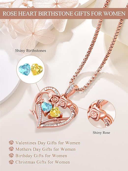 Rose Heart Necklaces for Women, Rose Gold Forever Love Jewelry with 2 Birthstones Pendant,Valentines Anniversarry Birthday Gifts for Her Wife Mom Grandma Daughter, 18+2 Inch Chain
