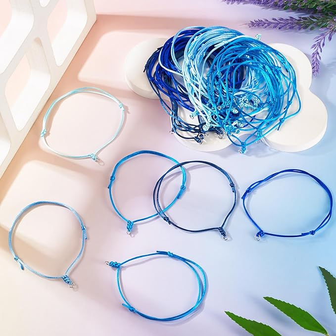 50Pcs Adjustable Braided Cord Colorful Waxed Thread Half Finished Bracelet with Jump Rings Knotting Bracelet Ropes for Wrist DIY Women Jewelry Friendship Bangle Decor 8.5-16cm Long-Blue