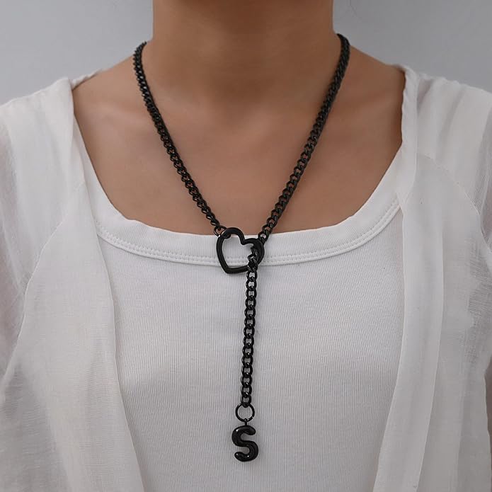 Black Heart Slip Chain Initial Necklaces for Women,Stainless Steel O-Ring Adjustable Lariat Heart Y-Necklace,Punk Gothic Cuban Collar Choker Necklace for women