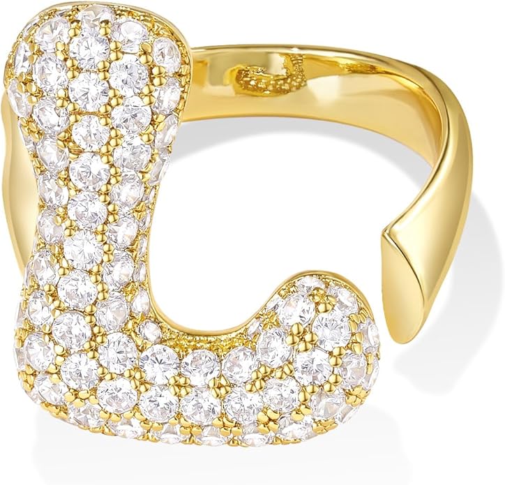 KissYan Bubble Initial Ring Valentines Day Gifts for Women, 14k Gold Plate Balloon Jumbo Letter Rings Open Adjustable Dainty Pave CZ Personalized Fashion Trendy Statement Jewelry