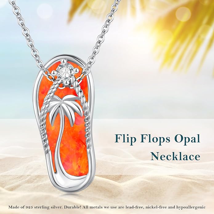 Midir&Etain Ocean Necklace 925 Sterling Silver Blue Opal Necklace Starfish/Flip Flop/Shark Pendant Beach Ocean Jewelry for Women