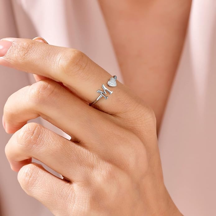 Valentines Day Gift Initial Rings for Teen Girls - S925 Heart Sterling Silver Rings for Teen Girls | 14K Gold/Rose Gold/Sterling Silver Plated Ring for Girls Kids Women Ring for Teenager Girls Gifts Adjustable, No Tarnish, Hypoallergenic