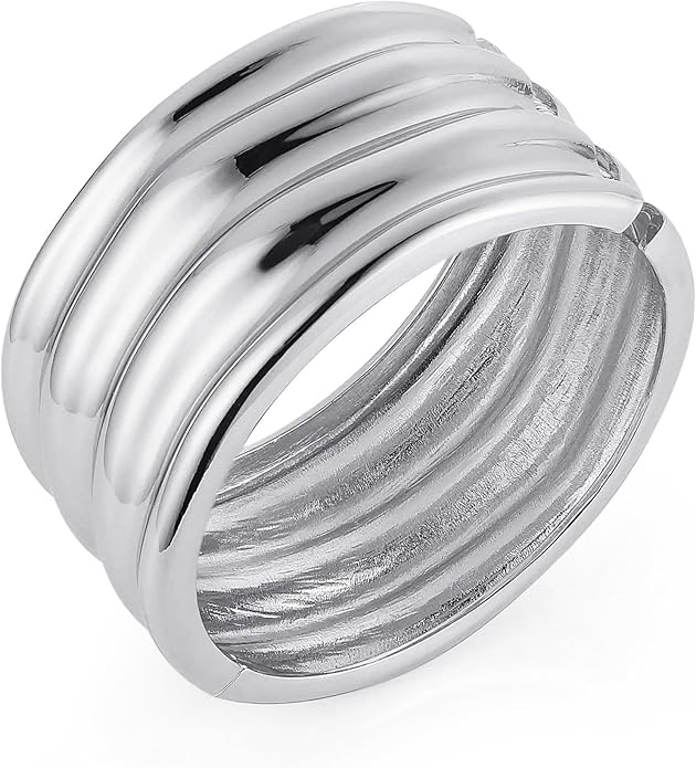 HZMAN 18K Gold Plated Wide Cuff Bracelet for Women - Premium Alloy Shiny Polished Double Layer Statement Bangle, Trendy Daily Wear Party Jewelry Accessory