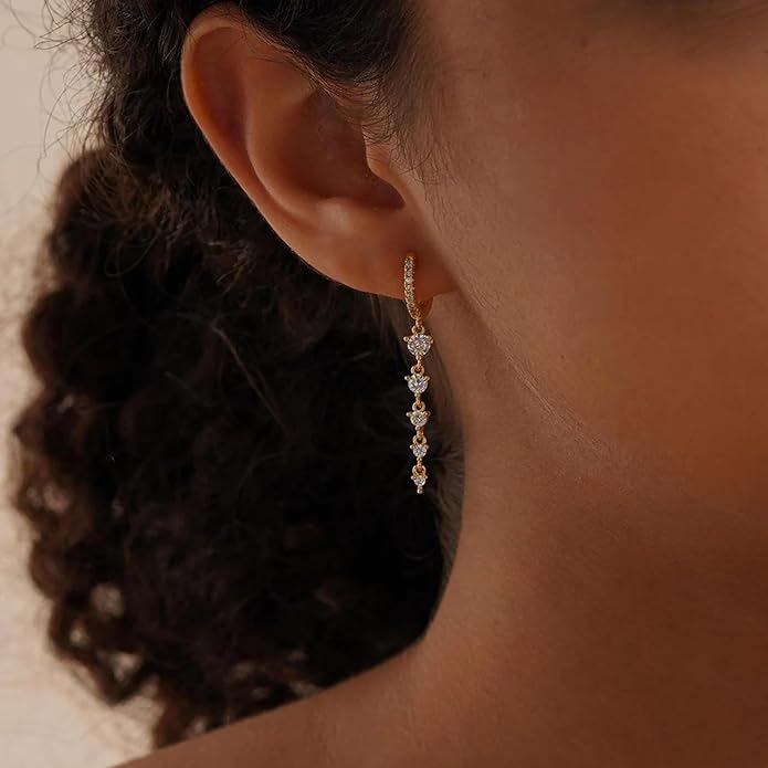 Dangle Earrings For Women Trendy 14K Gold Plated Drop Silver Long Dangling Dainty CZ Simple Hanging Jewelry