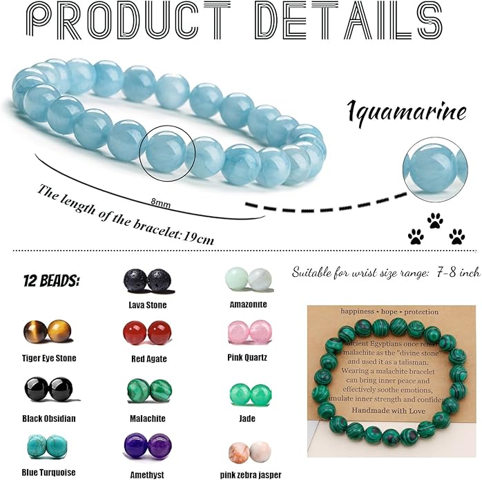 12 PCS 8mm Semi-Precious Gemstone Beaded Bracelets Natural Crystal Bracelets for Women Men, Round Gemstones Stretch Bracelet, Yoga Bracelets Jewelry Gifts