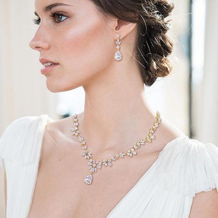 Crysdue Wedding Jewelry Set for Women, Floral Leaf Vine Teardrop Necklace Dangle Earrings Bracelet and Hair Comb, Cubic Zirconia Elegant Party Prom Jewellery for Bridal Bridesmaid