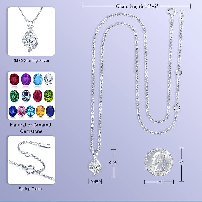 SMILEST Valentines Day Gifts for Her - 925 Sterling Silver Oval Sparkle Birthstone Necklace, Infinity Pendant Necklace Anniversary Birthday Gifts for Women Wife Girlfriend Mom Birthstone Necklace