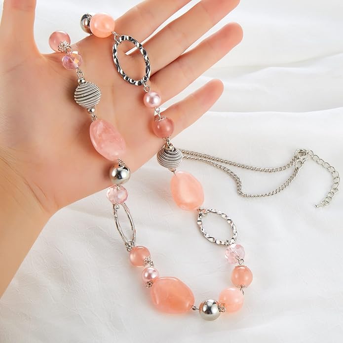 BULINLIN Beaded Long Necklace for Women Silver Sweater Chain Necklace with Crystal Resin Beads, Fashion Jewelry Necklace