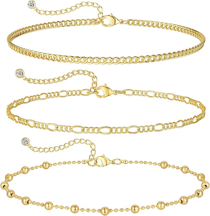 MIDEEO Gold/Silver Ankle Bracelets for Women,14K Gold Anklets for Women Waterproof Cuban Link Heart Beads Herringbone Rhinestone Anklets Set Layered Anklet Bracelets for Women Gold Jewelry Gift