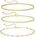 MIDEEO Gold/Silver Ankle Bracelets for Women,14K Gold Anklets for Women Waterproof Cuban Link Heart Beads Herringbone Rhinestone Anklets Set Layered Anklet Bracelets for Women Gold Jewelry Gift