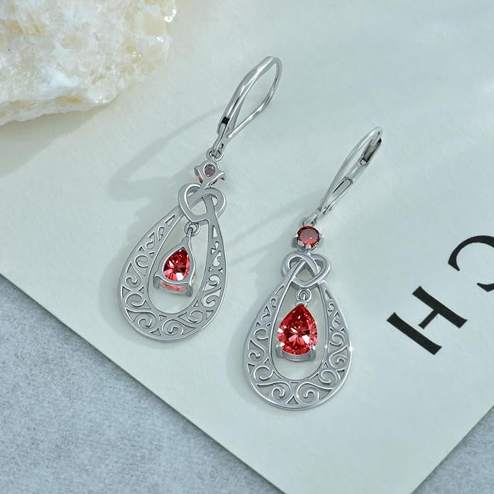 Teardrop Birthstone Dangle Drop Earrings Sterling Silver Infinity Filigree Leverback Earrings, Infinity Love Birthday Anniversary Valentines Day Gifts for Her Women Mom Wife