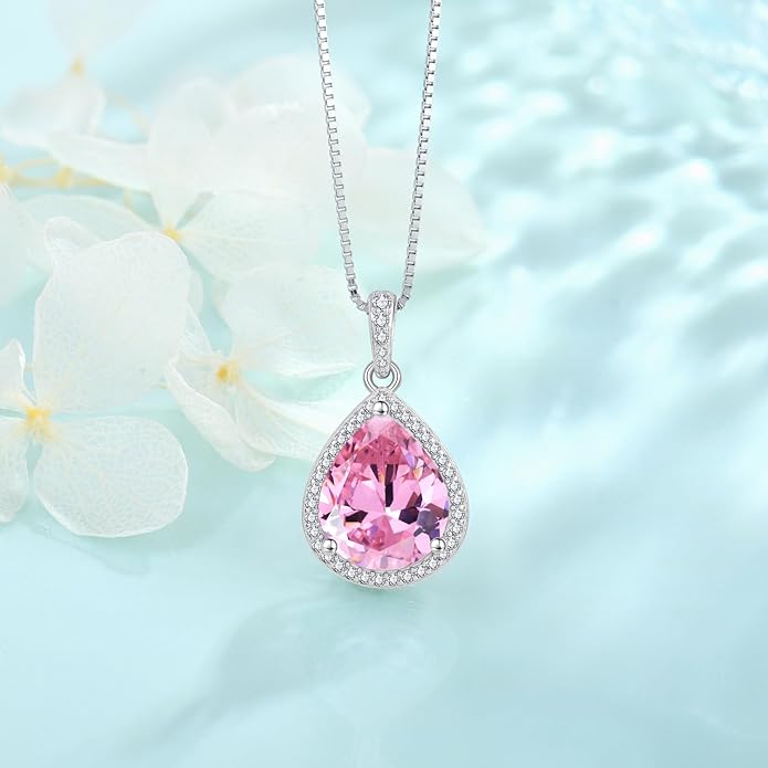 FJ Teardrop Pendant Necklace 925 Sterling Silver Birthstone Jewelry Gifts for Women