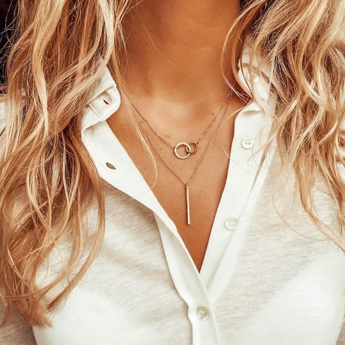 Layered Gold Silver Necklaces for Women, Stackable Stack 14K Real Gold Plated Silver Chain Necklace Diamond Circle CZ Layering Pendant Necklaces Trendy Gold Jewelry Set Gifts