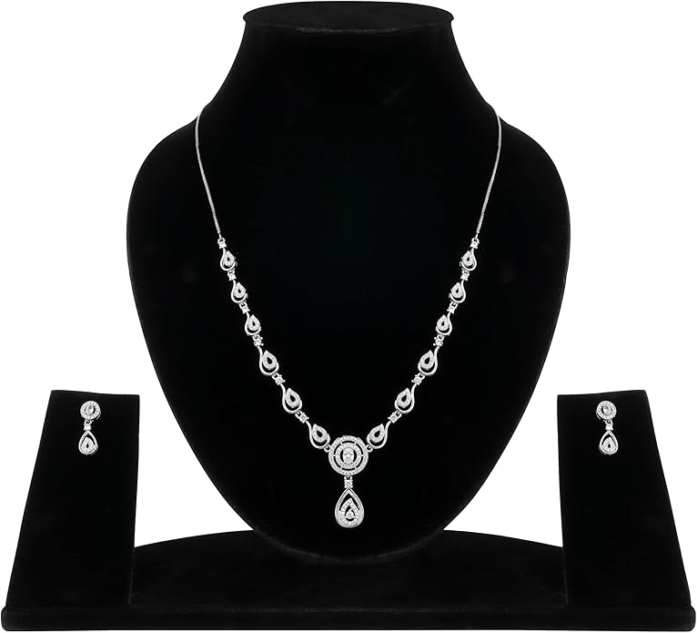 Nilu's Collection American Diamond Stone Studded | Rose Gold/Silver Plated | Anti Tarnish Jewellery Set for Women | Matching Earrings Perfect for Weddings and Special Occasions