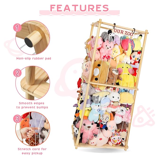 Extra Large Stuffed Animal Storage for Corner Organizer,Premium Wooden Material with Elastic Cord Hold Up to 250 Plush Toys,Stuffed Zoo Animal Holder and Collection for Playroom-Birthday