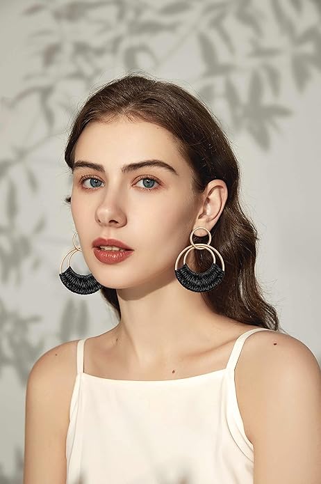 Raffia Hoop Earrings for Women Fun Boho Summer Beach Earrings Lightweight Handmade Straw Wicker Rattan Dangle Earrings Statement Geometric Round Drop Earrings