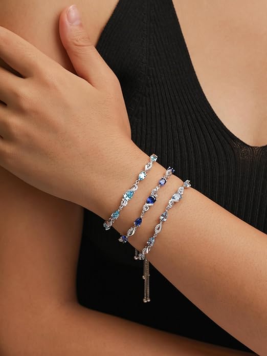 FANCIME Birthstone Teardrop Tennis Bracelet for Women, Sterling Silver 9x7mm main Gemstone Bolo Adjustable Chain Bracelet Fine Jewelry Birthday Gifts for Women Mom Wife Her