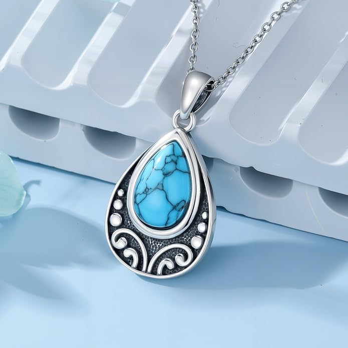 Natural Turquoise Necklace, 925 Sterling Silver Teardrop Pendant, Dainty Blue Gemstone Boho Jewelry Gift for Women