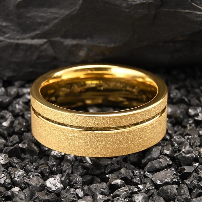 Golden Tungsten Carbide Ring for Men Women 8mm/6mm Sandblasted Inlaid Groove Men's Engagement Wedding Bands Fashionable and Luxurious