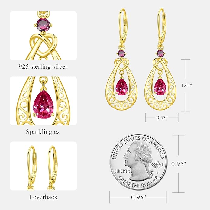 Teardrop Birthstone Dangle Drop Earrings Sterling Silver Infinity Filigree Leverback Earrings, Infinity Love Birthday Anniversary Valentines Day Gifts for Her Women Mom Wife