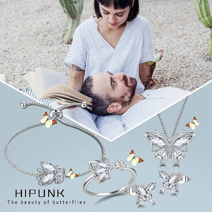 925 Sterling Silver Birthstone Butterfly Jewelry Women Crystal Animal Cute Butterflies Birthday Necklace/Earring/Ring/Bracelet Sets Birth Stone Statement Anniversary Jewellery
