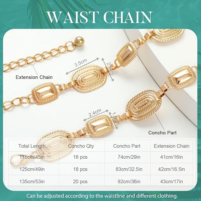 FIORETTO Metal Waist Chain Link Belt for Women Western Cowgirl Boho Turquoise Belts for Dress Jeans Country Concert Outfit