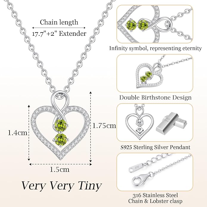 LOUISA SECRET Infinity Double Birthstone Necklace, 925 Sterling Silver Tiny Pendant Heart Necklace for Women Wife Her, Best Jewelry Gift Heart Jewelry Meaningful Gift for Valentine's Day, Christmas, Birthday Anniversary