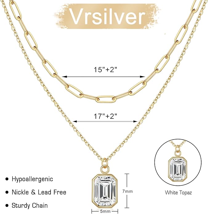 Layered Birthstone Necklace for Women Girls, 14K Gold-Plated Paperclip Chain Choker Necklace with Rectangle Birthstone Pendant Birthday Gifts for Women Girls Dainty Small