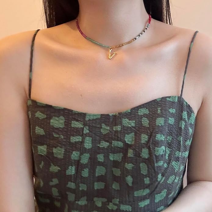 Beaded Initial Necklace for Women, Boho Natural Stone Semi-Precious Stone 18K Gold Plated Letter Pendant Rainbow Colorful Trendy Alphabet Dainty Choker Jewelry for Women Summer Beach Party
