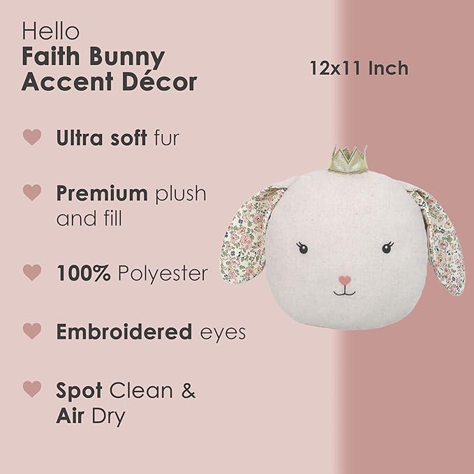 MON AMI Faith Bunny Accent Décor Pillow 12x11”, Plush Rabbit Cuddle Cushion, Decorative Throw Pillow for Child’s Nursery, Bed, Couch, Cute Room Décor