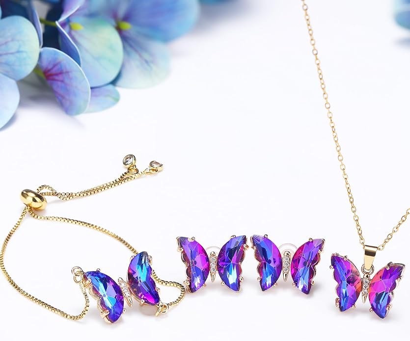 MISS RIGHT Butterfly Crystal Jewelry Set with Butterfly Necklace Stud Earrings Bolo Bracelet Adjustable Ring for Women Trendy, Iridescent Y2K Dainty Butterfly Jewelry Gifts