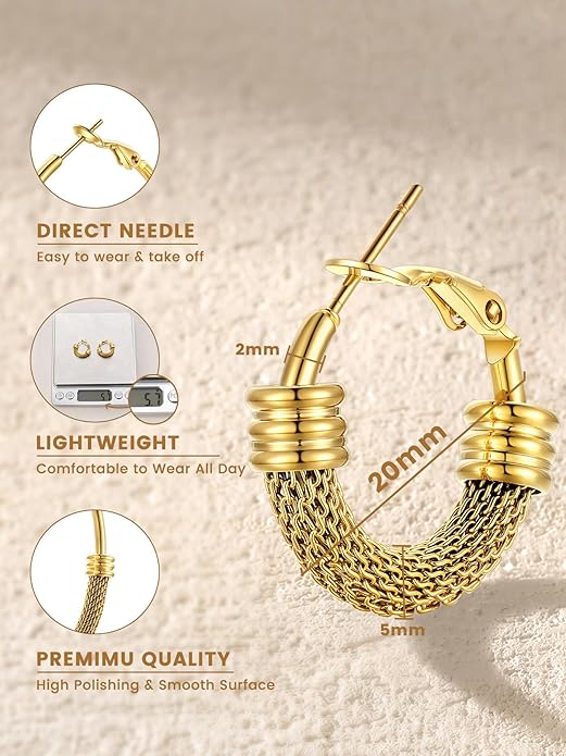 KeyStyle Mesh Hoop Earrings for Women, Stainless Steel Gold Hoops Earring Lightweight Loops, 2MM Thick Hypoallergenic Circle Endless Hollow Hoop 20mm-80mm