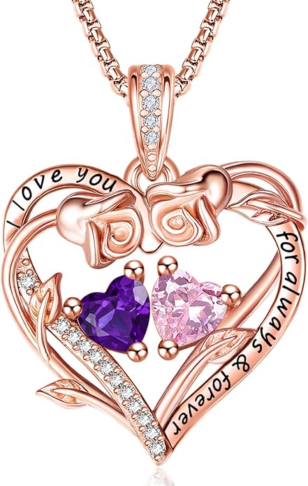 Rose Heart Necklaces for Women, Rose Gold Forever Love Jewelry with 2 Birthstones Pendant,Valentines Anniversarry Birthday Gifts for Her Wife Mom Grandma Daughter, 18+2 Inch Chain