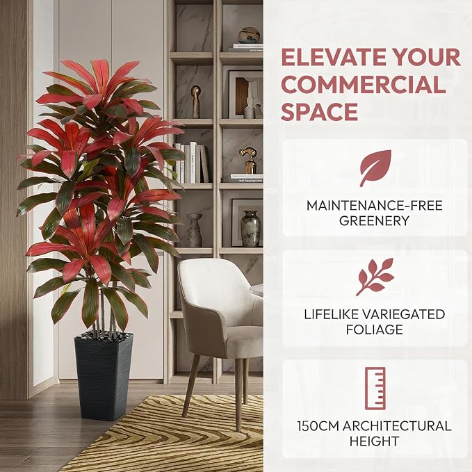Artificial Dracaena Tree: 5FT Fake Plants Silk Faux Trees（Black Pot） | - Image 3