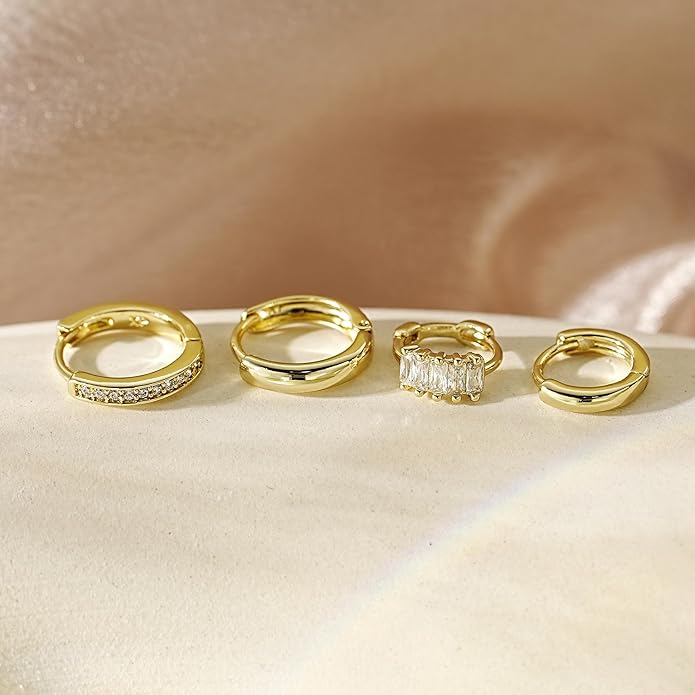 4Pairs Statement Gold Hoop Earrings for Women Trendy,Surgical Steel Gold Plated Hoop Hypoallergenic Earrings Set,Titanium Hoops Earring Stacks,CZ Cartilage Huggie Hoops Earring Gifts for Girlfriend
