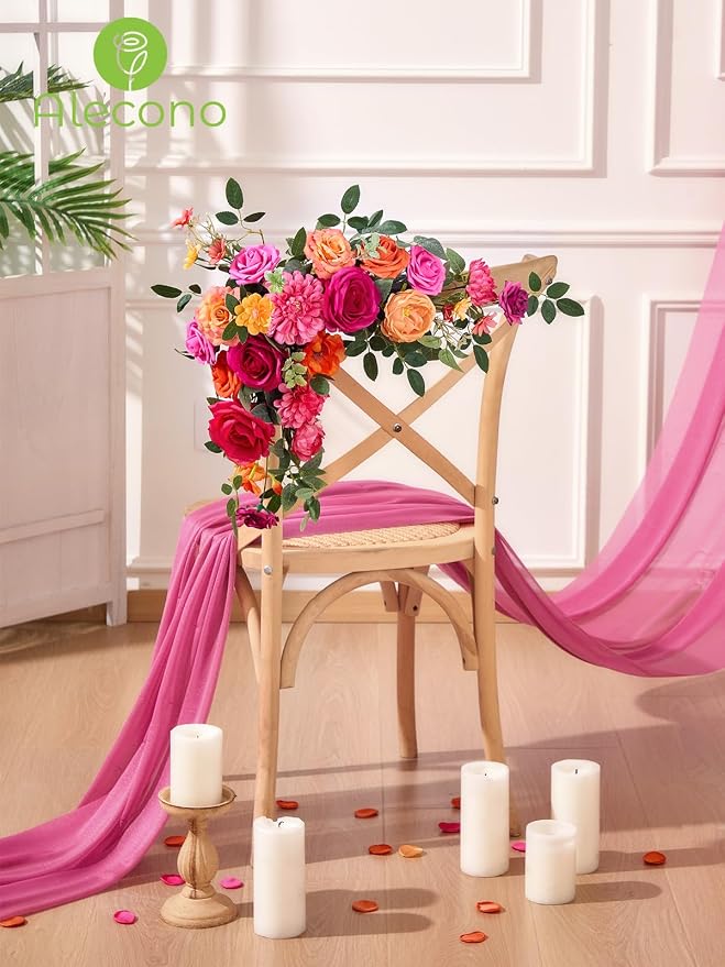 Alecono Orange and Hot Pink Artificial Flowers, Silk Fake Floral Set | - Image 6