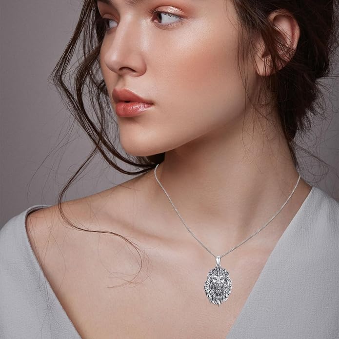 Cuoka Lion Necklace for Men Women S925 Sterling Silver King Retro Punk Gothic Hip Hop Rock Animal Lion Head Pendant Charm Jewelry Chain Necklace Viking Protection Amulet Necklaces