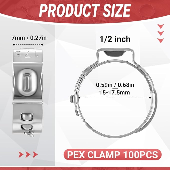 100 Pcs 1/2 Inch Pex Cinch Clamps, 304 Stainless Steel Crimp Rings Single Ear - Image 2