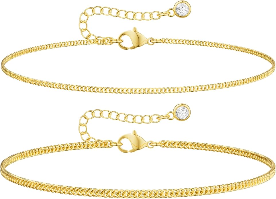 DEARMAY Dainty 14K Gold Plated Ankle Bracelets for Women, Waterproof 14K Gold Plated Link Chain Anklets Non Tarnish Set Pack Summer Beach Jewelry Gift