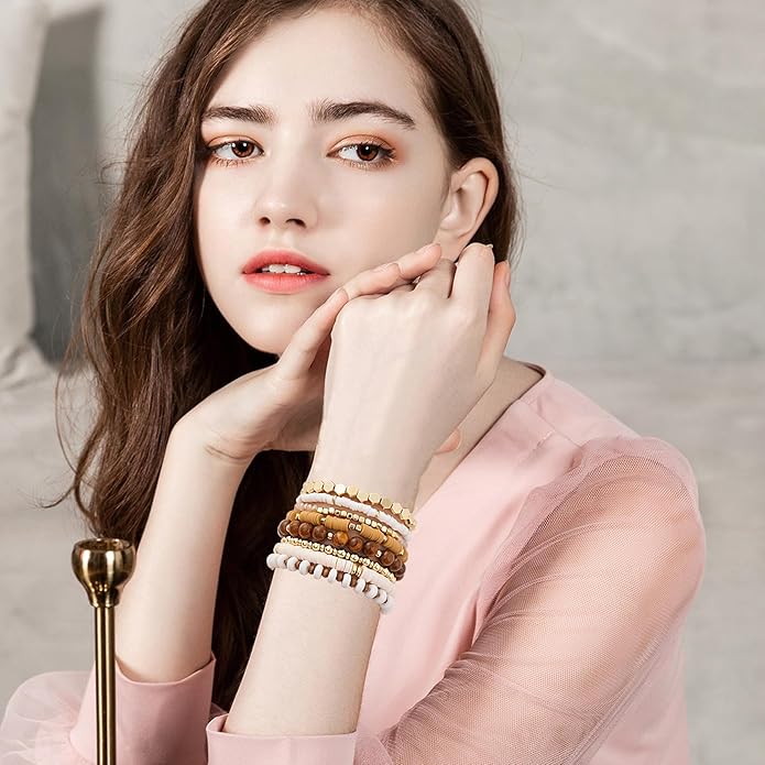 GOOJIDS Surfer Heishi Clay Bead Bracelets for Women Bohemian Stackable Gold Plated Beaded Stretch Bracelets Elastic Layering Friendship Bracelets Set Boho Jewelry