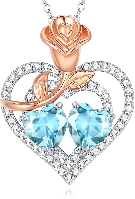 AGVANA Valentines Day Gifts Birthstone Necklace for Women Sterling Silver Rose Flower Heart Double Birthstone Jewelry Pendant Necklace Anniversary Birthday Gifts for Women Mom Wife Girlfriend Her