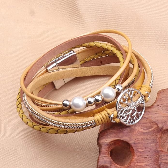 KSQS Tree of Life Leather Multi-Layer Wraps Bracelet,Boho Wide Buckle Wristband Bangle,Braided Cuff Bracelets for Women