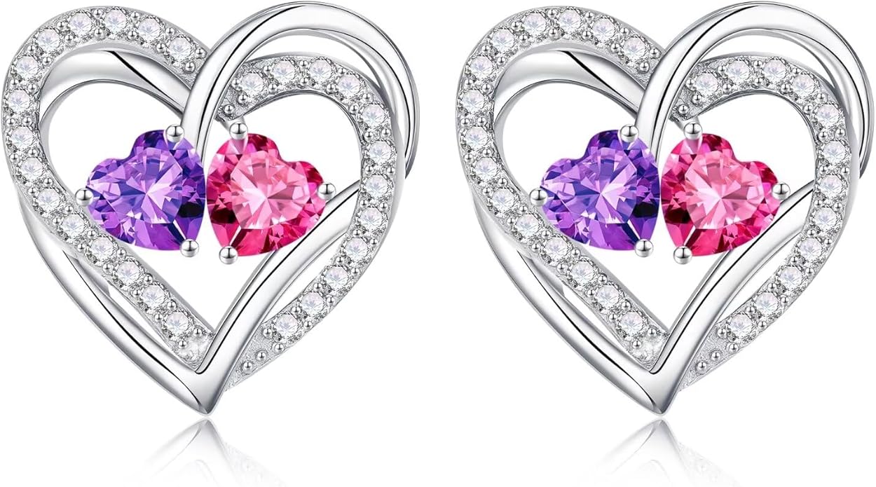 Iefil Valentines Day Gifts for Her, 925 Sterling Silver Heart Birthstone Earrings, Anniversary Birthday Gifts for Women, Birthstone Jewelry for Her Wife Girlfriend Mom