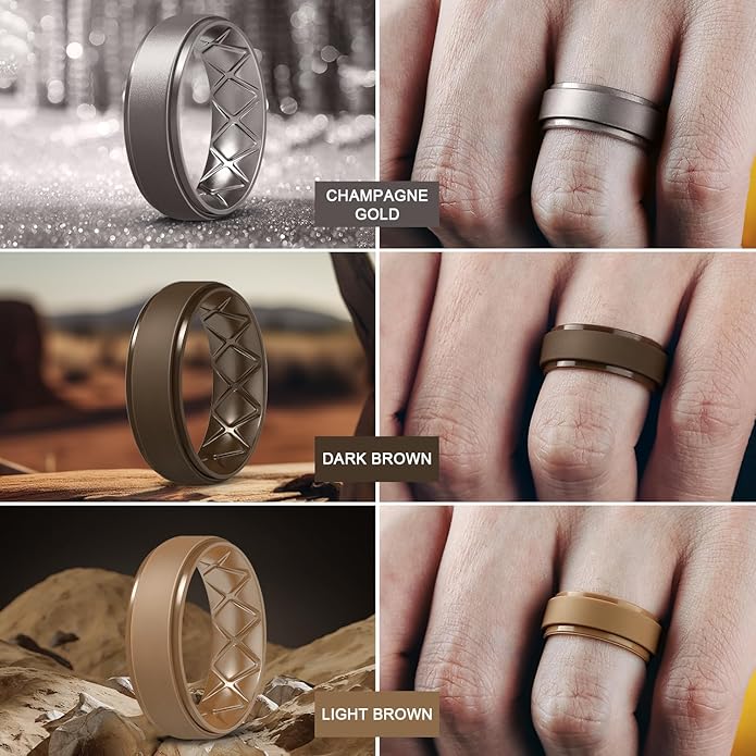 Egnaro Men's Rings 8.5mm Wide-2mm Thick Inner Arc Ergonomic Breathable Rubber Wedding bands-Hypoallergenic for Gym/Outdoor/Gift((1-7 Variety Pack with Half Size)