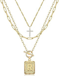 MJartoria Layered Initial Necklaces for Women Trendy, 14K Gold Plated Brass Simple Dainty Cross Choker Square Letter Pendant Necklace, Paperclip Chain Necklaces Jewelry